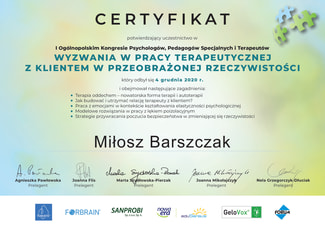 Wyzwania w pracy terapeutycznej z klientem w przeobrażonej rzeczywistości - certyfikat potwierdzenia uczestnictwa w kursie